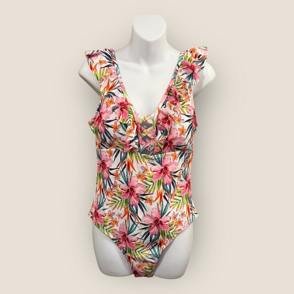 Floral Ruffled One-Piece Swimsuit With Deep V-Neck Womens Size Large New Swim - Picture 1 of 5
